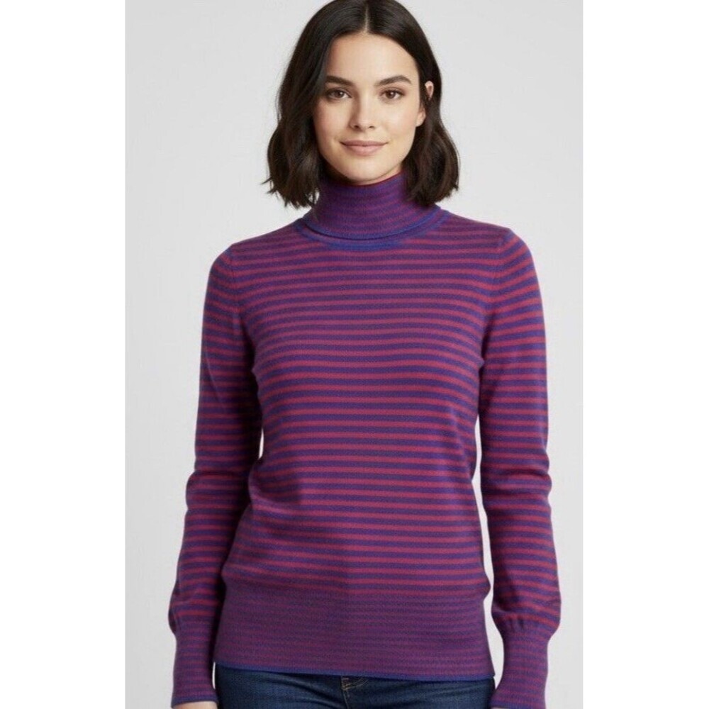 J CREW Tippi Merino Wool Turtleneck Sweater Women Small Blue Red Stripe Preppy